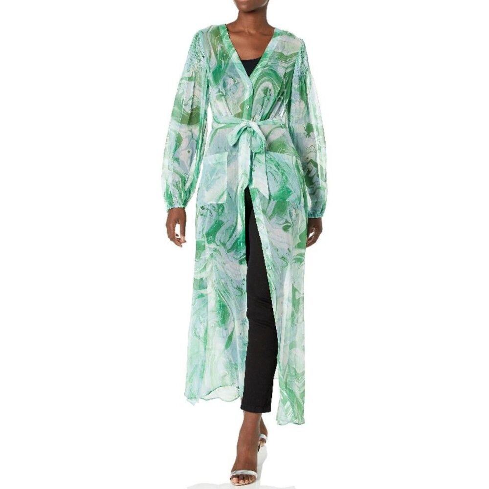 GUESS Green Marble Print Sheer Belted Maxi Duster Dress Long Sleeve Size S
